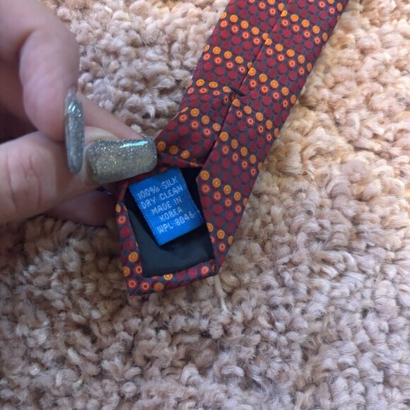 Saville Row 100% Silk Tie Red/Orange Polka Dots Art - Made in Korea 57"L 4"W - Picture 3 of 4